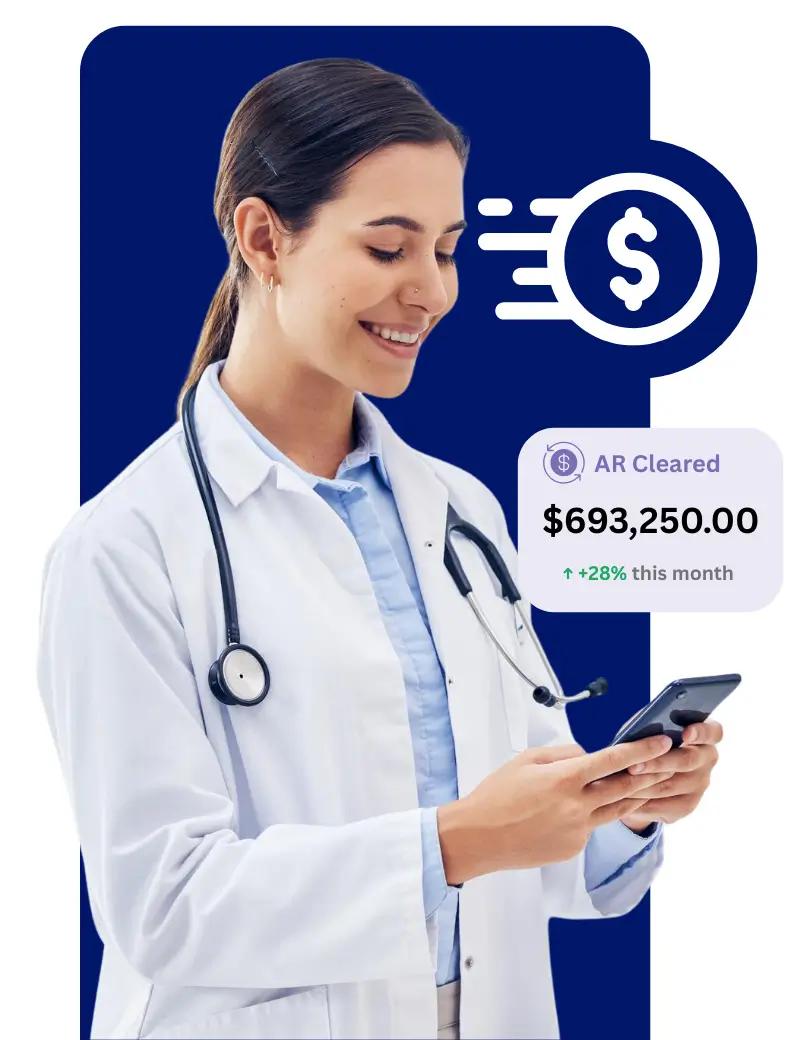 Smiling female doctor checking accounts receivable cleared report on smartphone, with revenue growth metrics highlighted - Human Medical Billing service illustration.