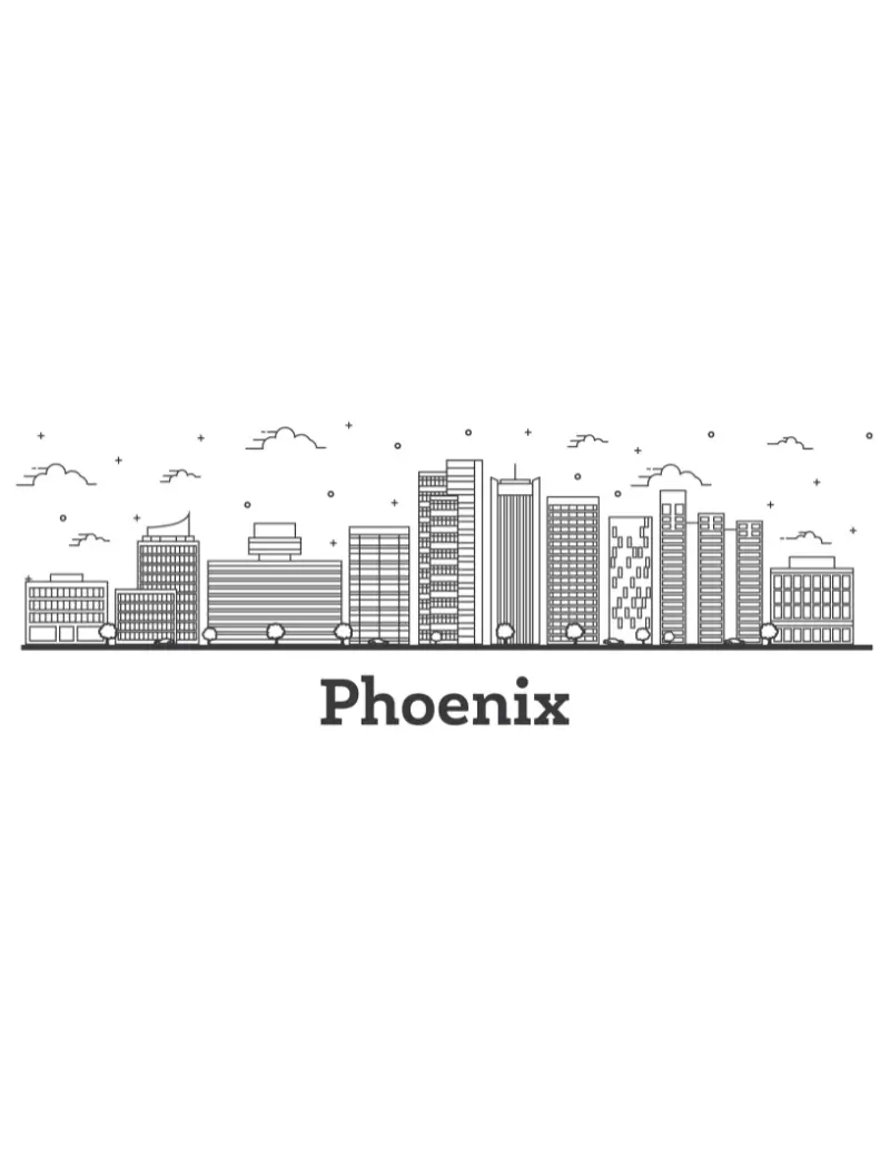 Phoenix city skyline illustration with text Phoenix, representing medical billing services in Phoenix.