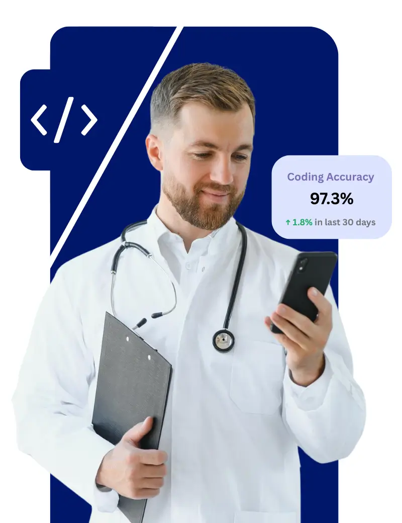 Doctor in white coat reviewing mobile device and holding clipboard, representing professional medical coding services from Human Medical Billing.