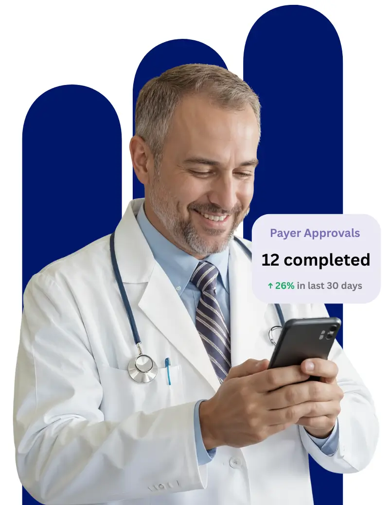 Middle-aged doctor checking phone for credentialing updates, with payer approval notification overlay.