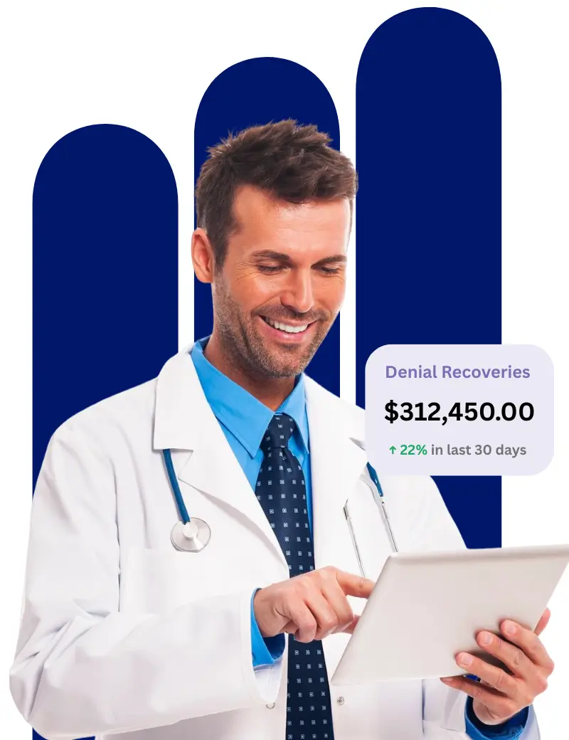 Doctor viewing revenue recovery stats on phone, highlighting denial management success with Human Medical Billing.