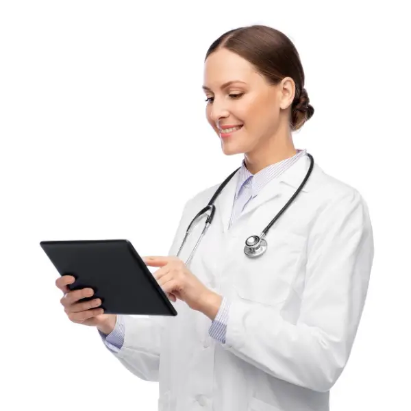 Happy female doctor using a tablet, symbolizing digital healthcare support by Human Medical Billing