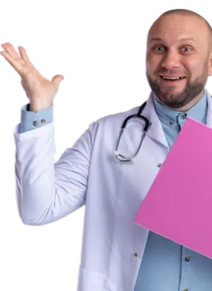 Smiling doctor holding a pink medical chart, representing positive healthcare outcomes and efficient medical billing services