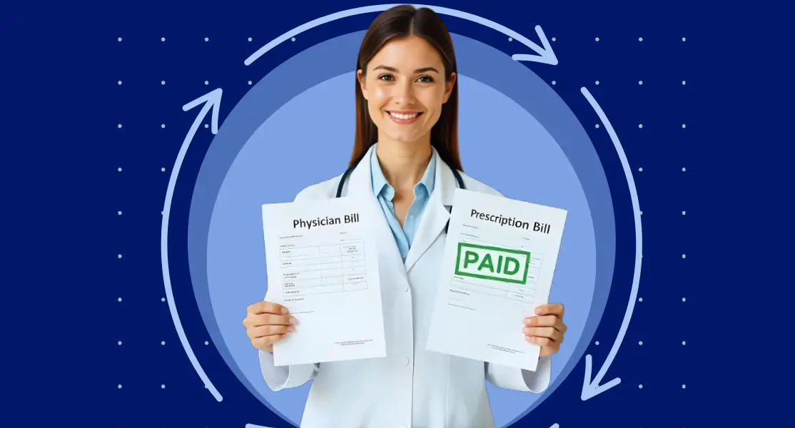Smiling doctor holding paid physician and prescription bills – Human Medical Billing services.