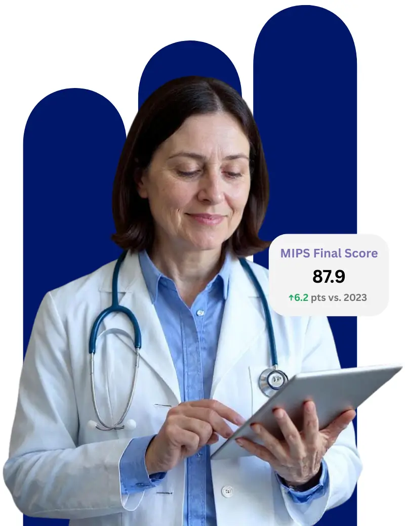 Female physician reviewing MIPS performance score on a tablet, showing improved results.