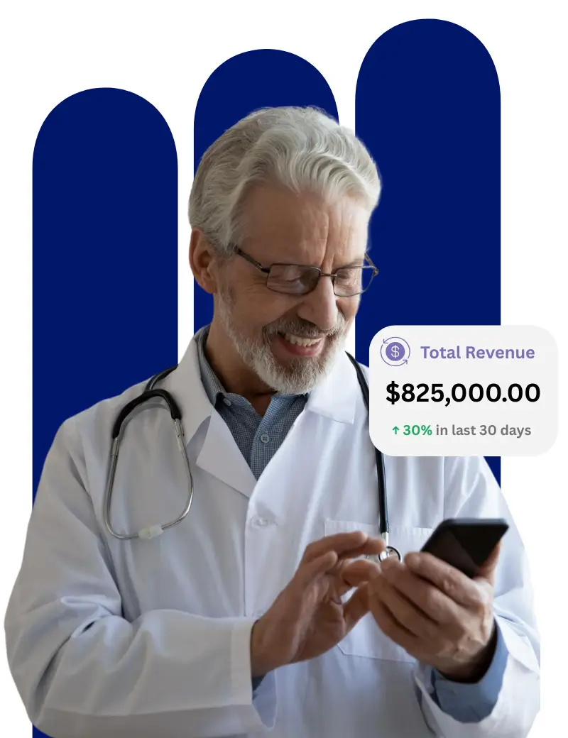 Smiling doctor using a smartphone to track $825,000 in total revenue with a 30% increase, representing Human Medical Billing’s RCM success.