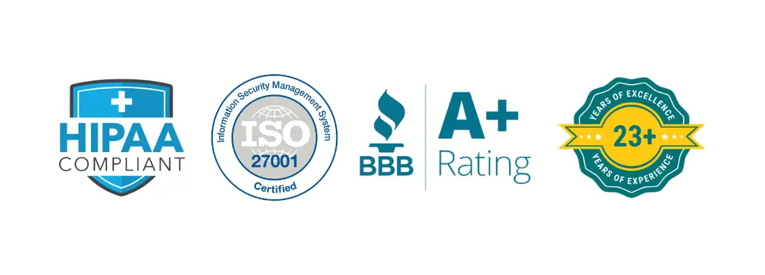 Badges showing HIPAA compliance, ISO 27001 certification, BBB A+ rating, and 23+ years of experience at Human Medical Billing.