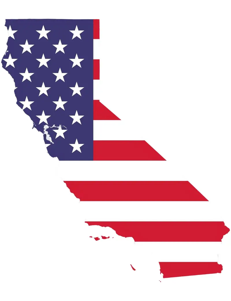 Map of California filled with the American flag, representing Human Medical Billing's U.S. healthcare operations.
