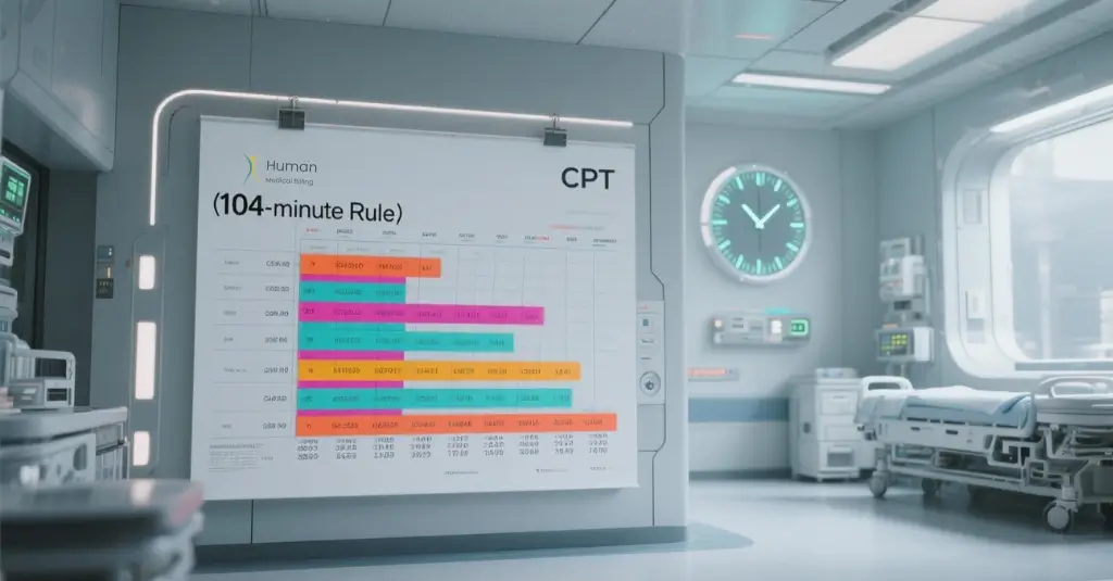 Hospital room display showing Human Medical Billing’s 104-minute rule CPT chart for critical care documentation and time-based coding.