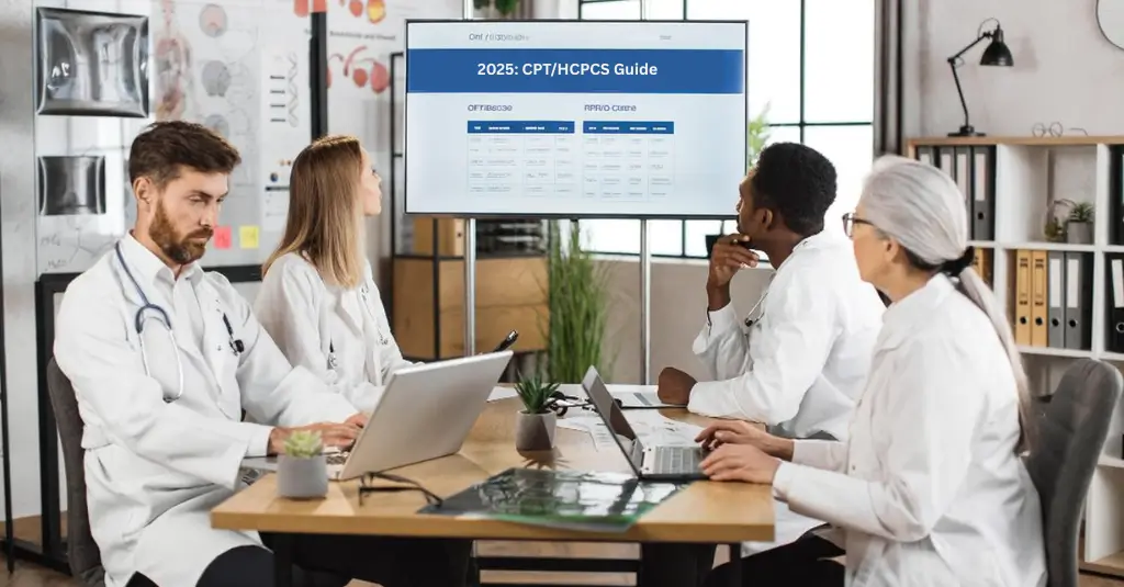 Doctors reviewing 2025 CPT HCPCS guide for medical billing compliance during training session at Human Medical.