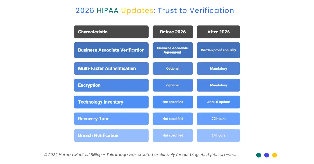 2026 HIPAA updates infographic showing shift from trust to verification with MFA, encryption, breach notification and vendor verification requirements.