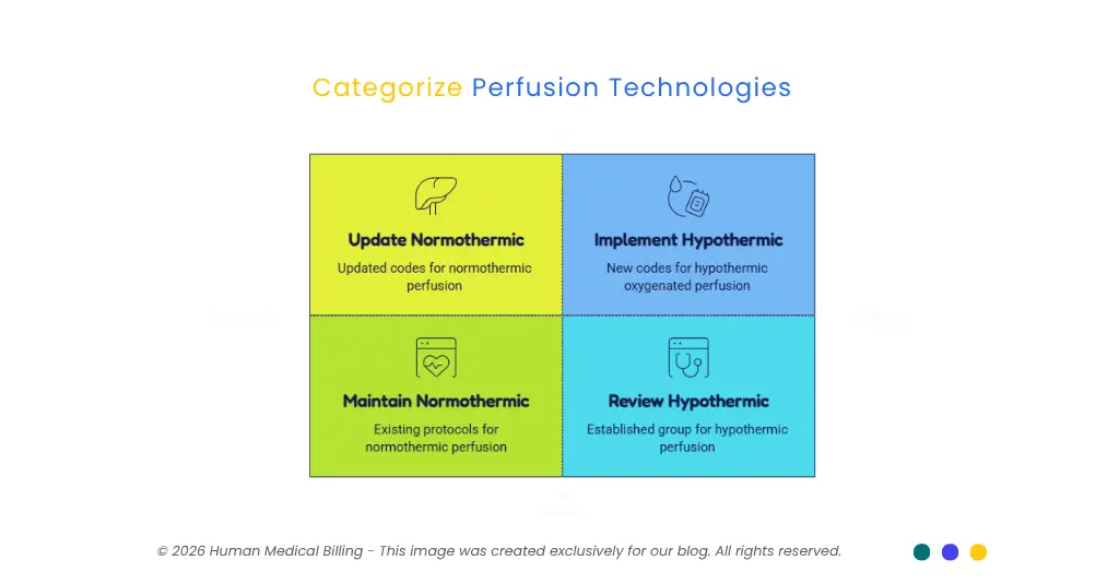 Infographic categorizing perfusion technologies, including updated normothermic perfusion codes and new hypothermic oxygenated perfusion Category III CPT codes for 2027 by Human Medical Billing.