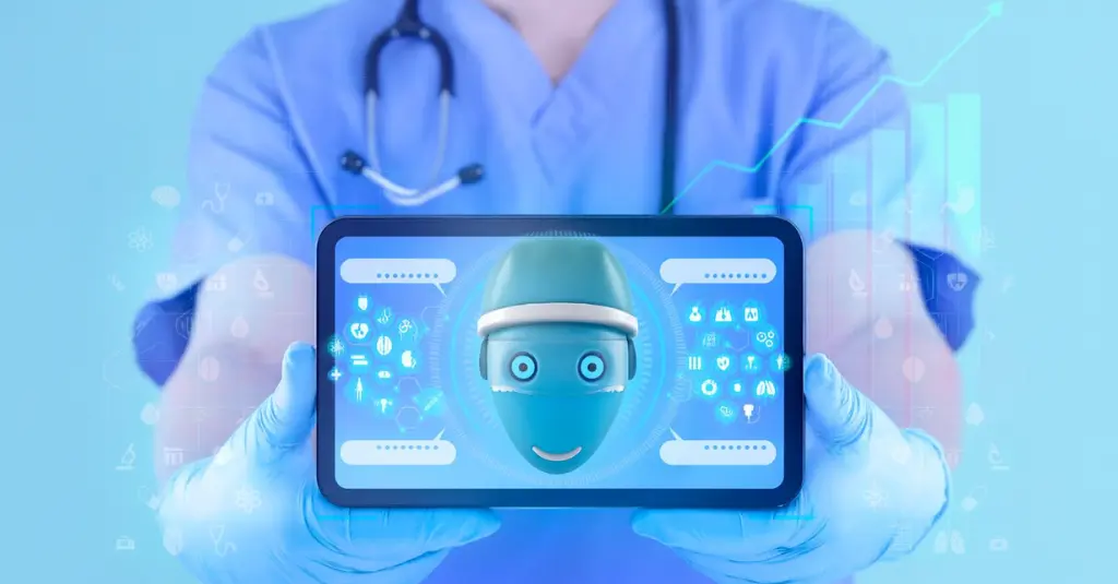 Healthcare provider holding tablet with AI assistant interface, symbolizing medical billing automation and AI adoption in healthcare.