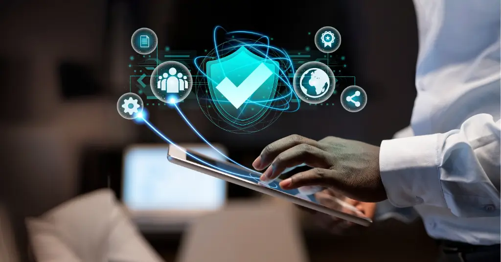 Healthcare professional using AI-powered prior authorization technology with secure digital icons representing compliance, efficiency, and data protection.