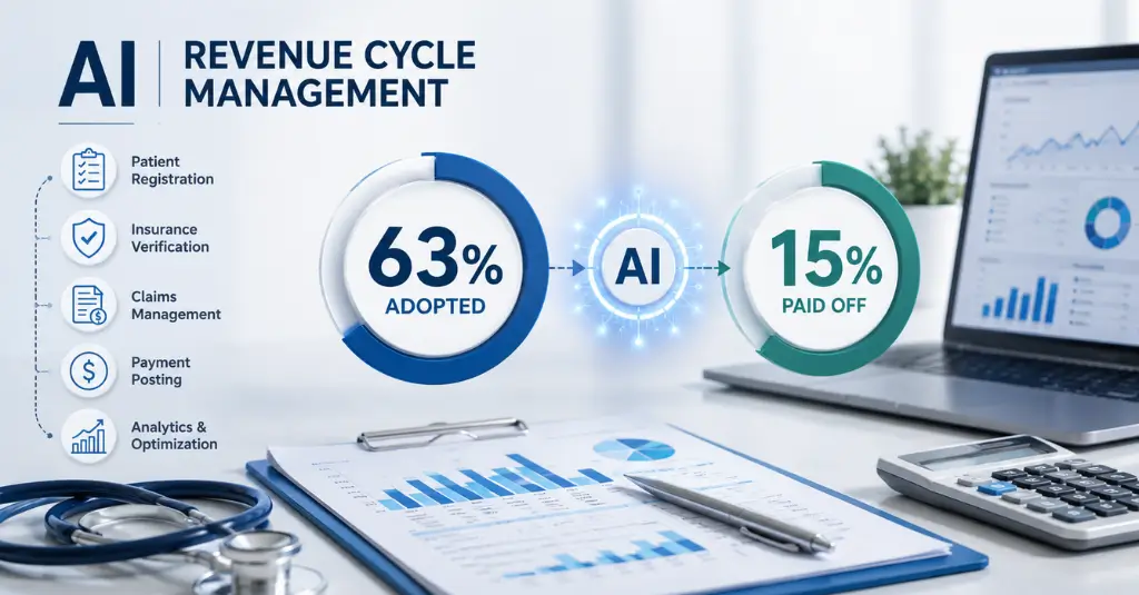 AI revenue cycle management showing 63% adoption and 15% paid off across patient registration, insurance verification, claims, payments, and analytics.