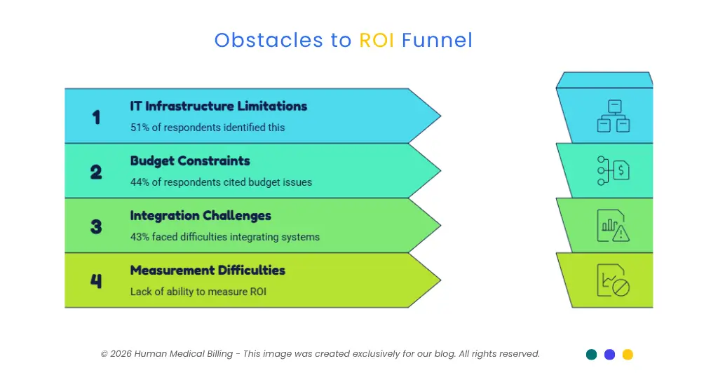 AI revenue cycle management ROI obstacles including IT infrastructure, budget constraints, system integration, and measurement difficulties.