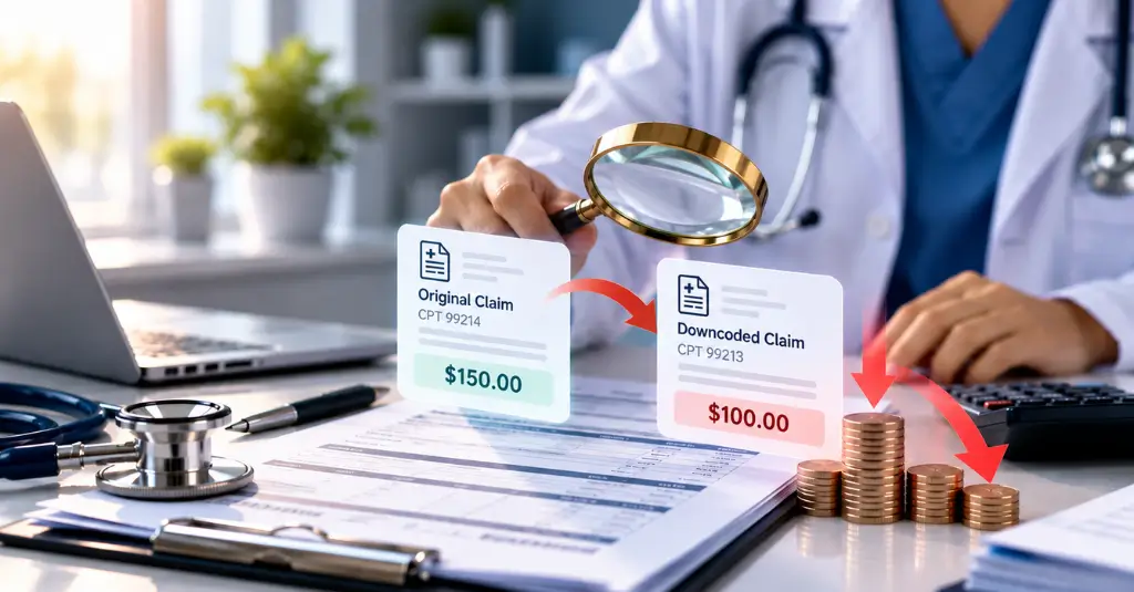 Automatic medical claim downcoding showing a reduction from CPT 99214 at $150 to CPT 99213 at $100, highlighting potential reimbursement underpayment.