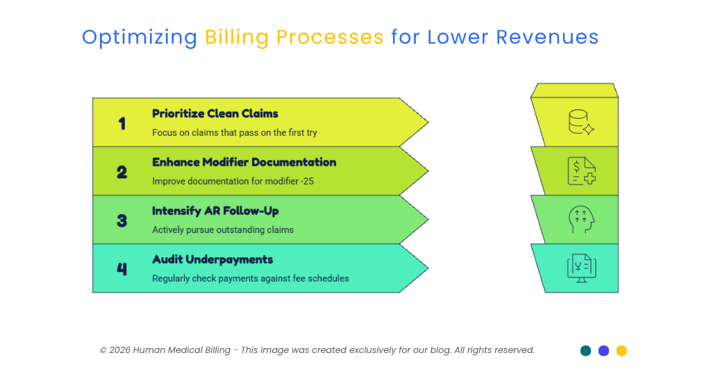 Billing process optimization steps for lower revenues, including clean claims, modifier documentation, AR follow-up, and underpayment audits.