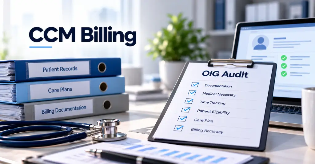 Chronic care management billing with an OIG audit checklist covering documentation, eligibility, care plans, and billing accuracy.