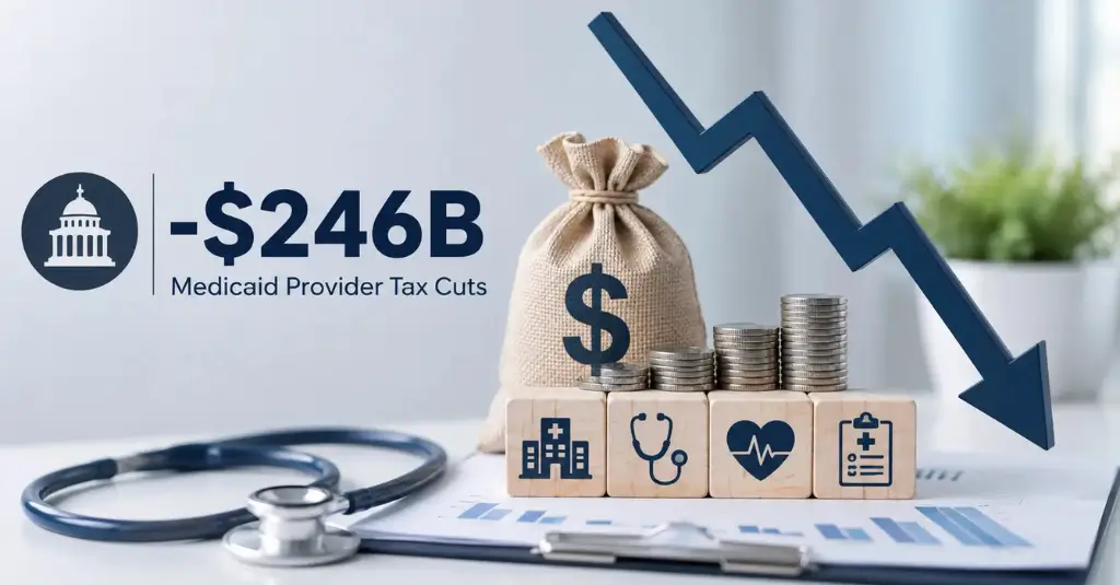 Illustration showing a $246 billion Medicaid provider tax cut with declining funding, healthcare finance icons, and medical billing concepts by Human Medical Billing.