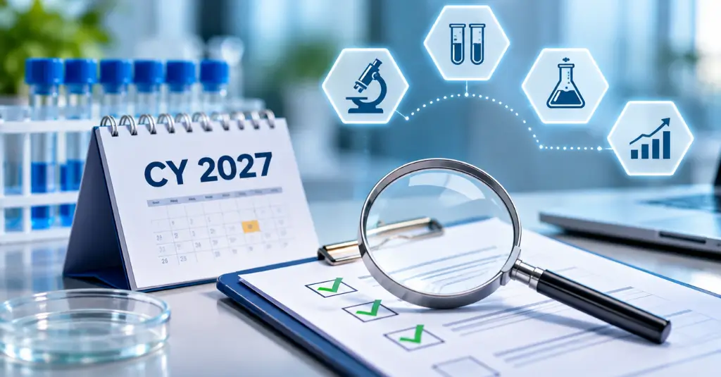 Clinical laboratory fee schedule review for CY 2027, featuring lab testing supplies, a magnifying glass, and a checklist for rate verification.