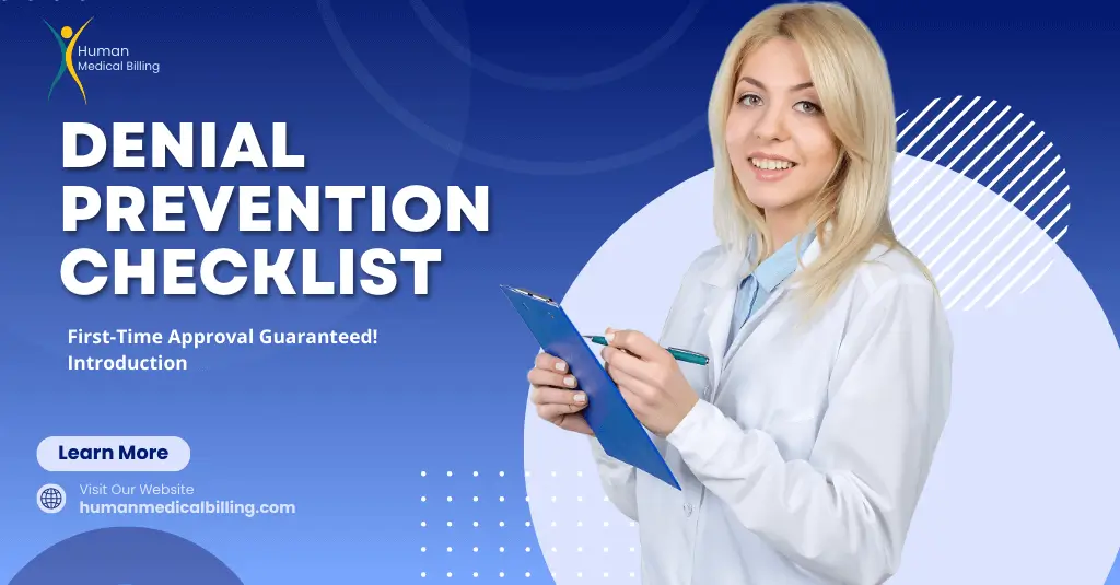 Smiling medical professional holding a clipboard, promoting Human Medical Billing’s denial prevention checklist for first-time insurance claim approval.