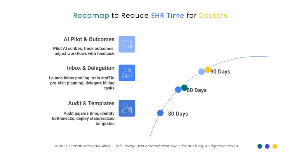 Human Medical Billing roadmap showing 30, 60, and 90-day strategies to reduce EHR time for doctors through AI, inbox delegation, and audit templates.