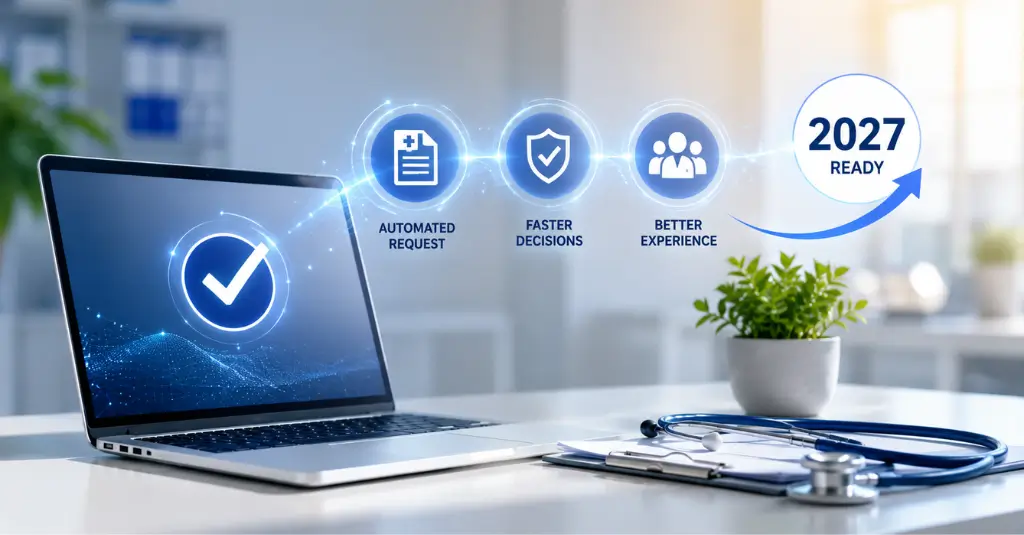 Electronic prior authorization workflow showing automated requests, faster decisions, better patient experience, and 2027 readiness.