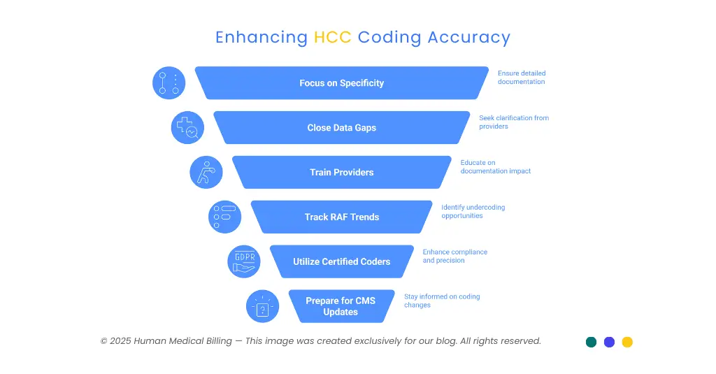 Steps to enhance HCC coding accuracy with provider training and CMS updates.