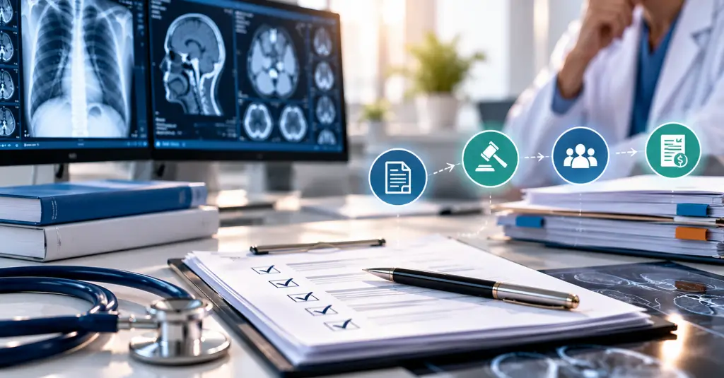 Federal IDR changes for radiology practices, featuring medical imaging, claims review, and dispute resolution workflows.
