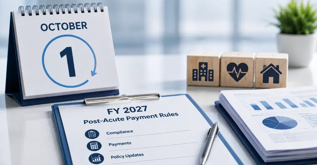 FY 2027 post-acute payment rules showing the October 1 cutover, compliance updates, payment changes, and policy requirements.