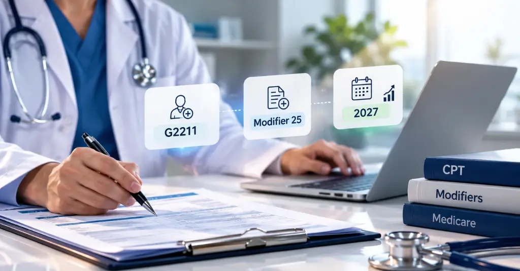 G2211 billing guide showing Modifier 25, Medicare coding references, and proposed 2027 billing changes for medical practices.