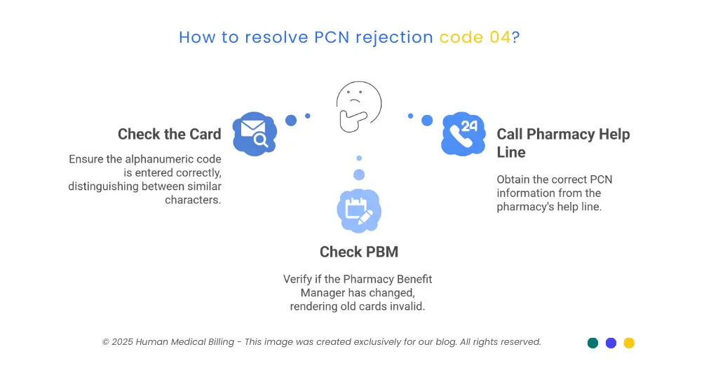 Infographic explaining how to resolve PCN rejection code 04 with steps to check card details, verify PBM changes, and call the pharmacy help line.