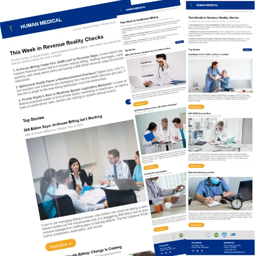 Collage of Human Medical newsletters highlighting revenue cycle management insights, billing trends, and healthcare industry updates.