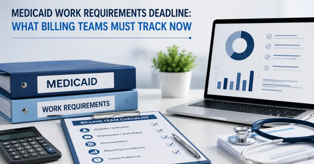 Medicaid work requirements deadline with a billing team checklist covering eligibility, work status, documentation, reporting, and claims compliance.
