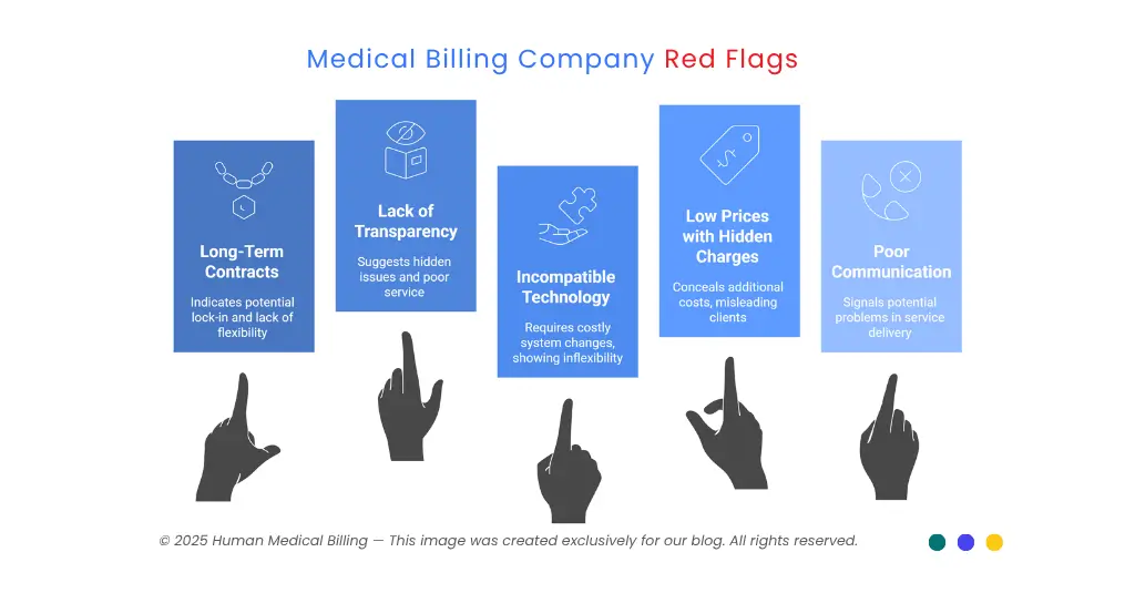 Medical billing company red flags including long-term contracts, lack of transparency, incompatible technology, hidden charges, and poor communication.