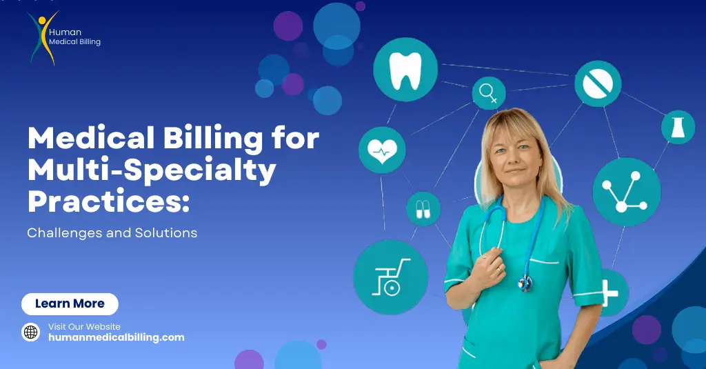 Visual representation of a healthcare provider with icons for various medical specialties, promoting medical billing solutions for multi-specialty practices - Human Medical Billing.