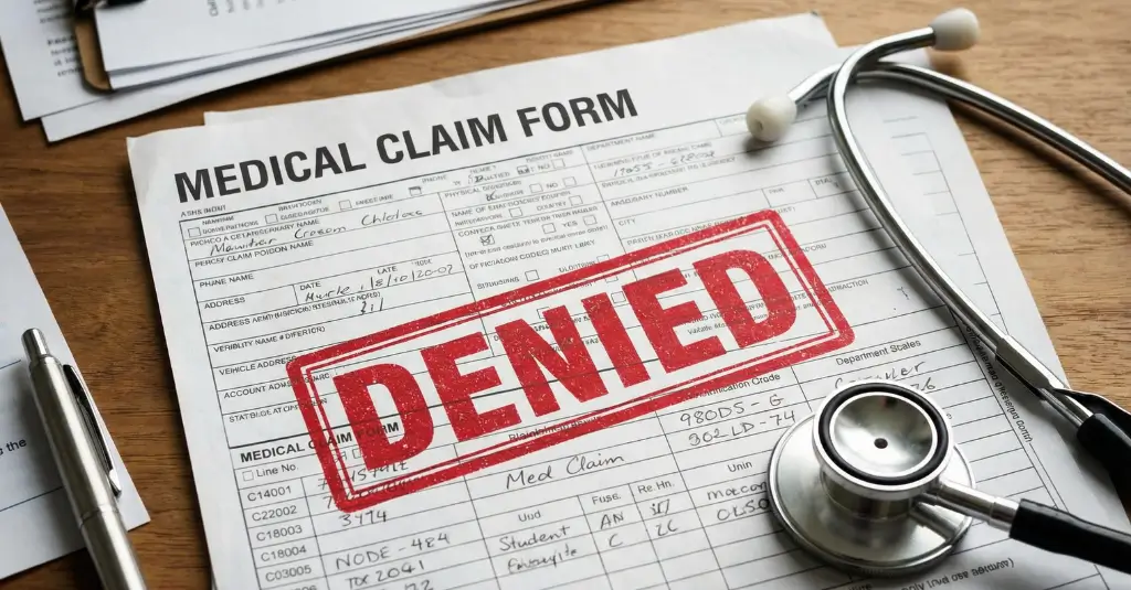 Medical claim form stamped denied, representing claim denial challenges in medical billing and revenue cycle management.