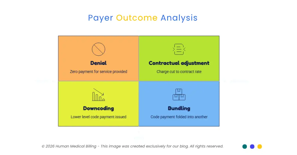 Medical claim payment outcome analysis comparing denials, contractual adjustments, downcoding, and bundling in healthcare reimbursement.