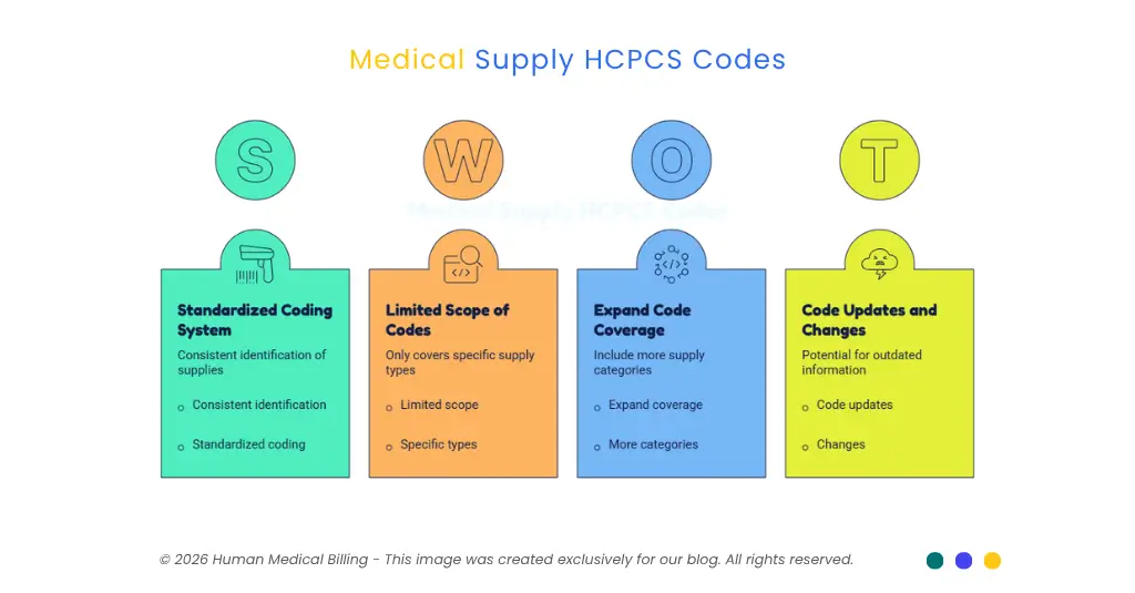 Medical supply HCPCS codes infographic showing standardized coding, expanded coverage, limited code scope, and code updates.