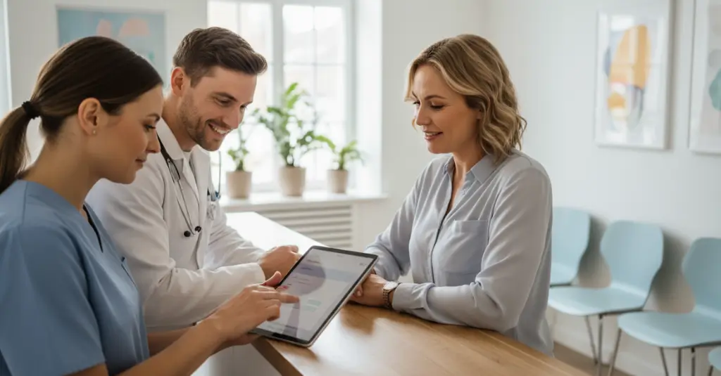 Doctor and medical staff reviewing billing information with a patient on a tablet in a clinic setting.