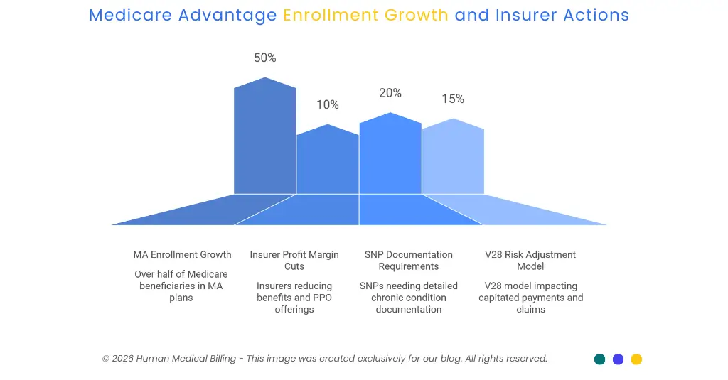 Infographic showing Medicare Advantage enrollment growth, insurer profit cuts, SNP documentation requirements, and V28 risk adjustment impacts