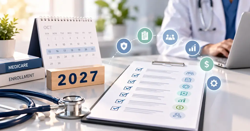 Medicare Open Enrollment 2027 with a medical billing checklist, enrollment calendar, and practice documentation.
