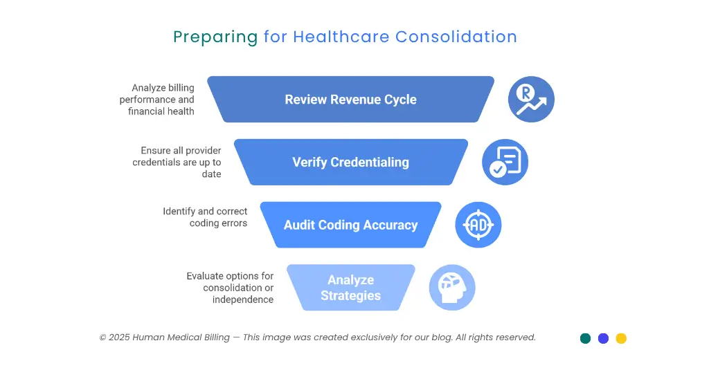 Infographic from Human Medical Billing showing steps to prepare for healthcare consolidation - review revenue cycle, verify credentialing, audit coding accuracy, and analyze strategies