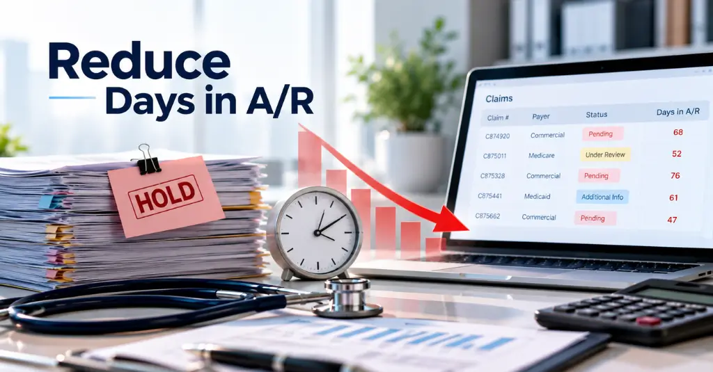 Medical billing workflow showing payer claim delays, A/R aging, claims on hold, and steps to reduce days in A/R.
