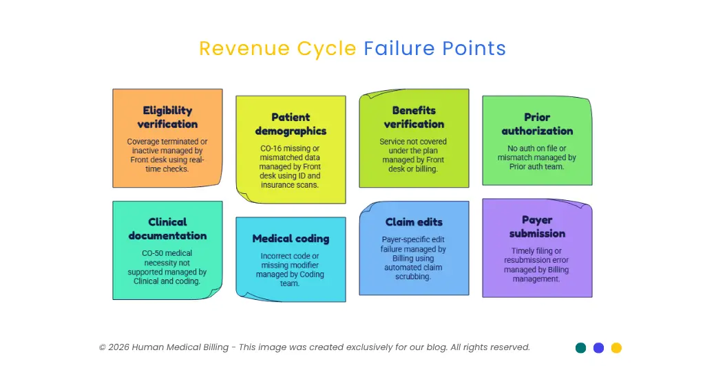 Revenue cycle checkpoints for patient registration, coding, claims, payment posting, and denial management.