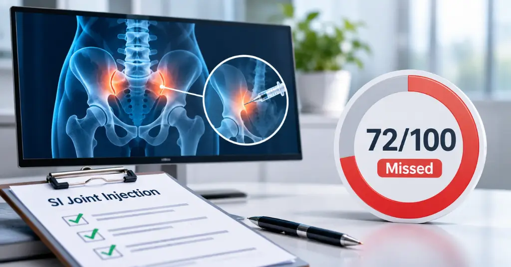 Sacroiliac joint injection billing review highlighting 72 missed claims out of 100, with an anatomical illustration, injection procedure, and claims checklist.