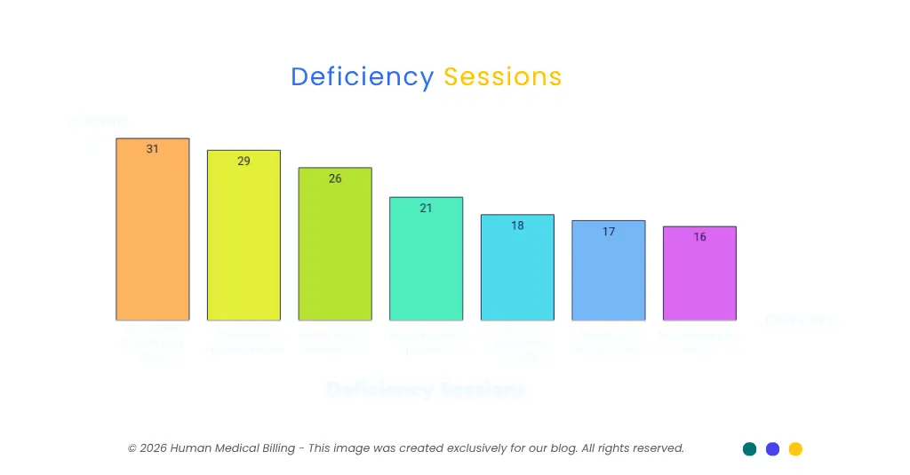 Chart showing common sacroiliac joint injection documentation deficiencies, including missing end-of-session pain scores, therapeutic injection issues, insufficient maneuvers, and incomplete medical necessity records.