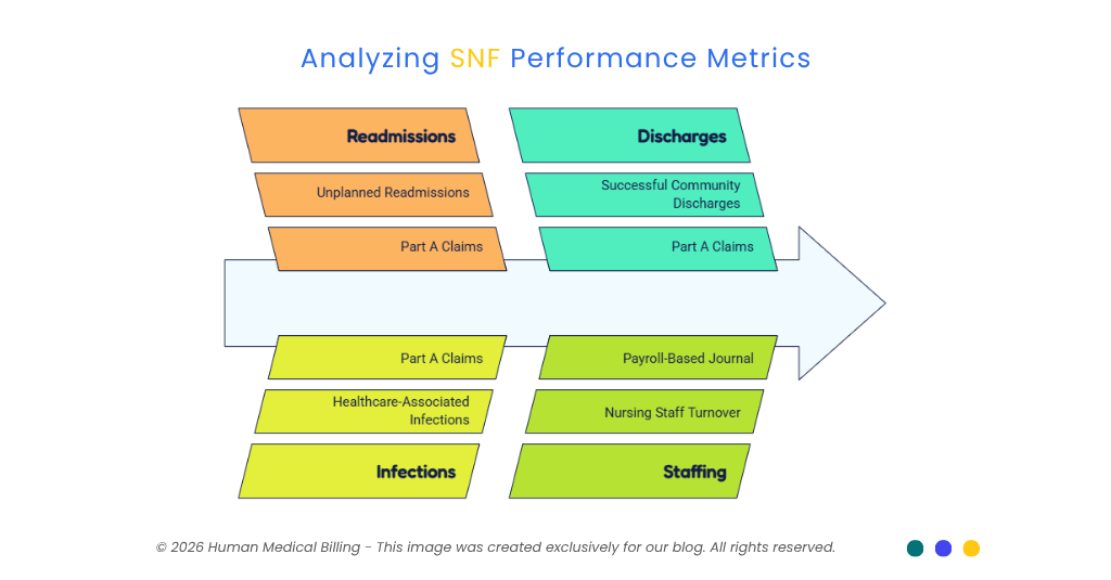 SNF VBP performance metrics covering readmissions, successful discharges, healthcare-associated infections, and staffing measures.