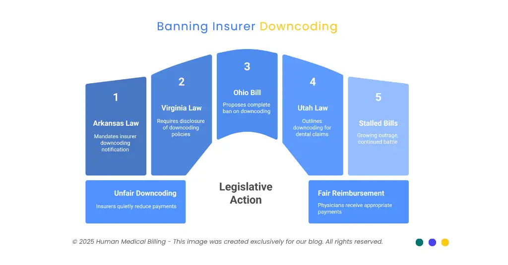 Infographic showing 2025 state actions on banning insurer downcoding, including Arkansas, Virginia, Ohio, Utah, and stalled bills.